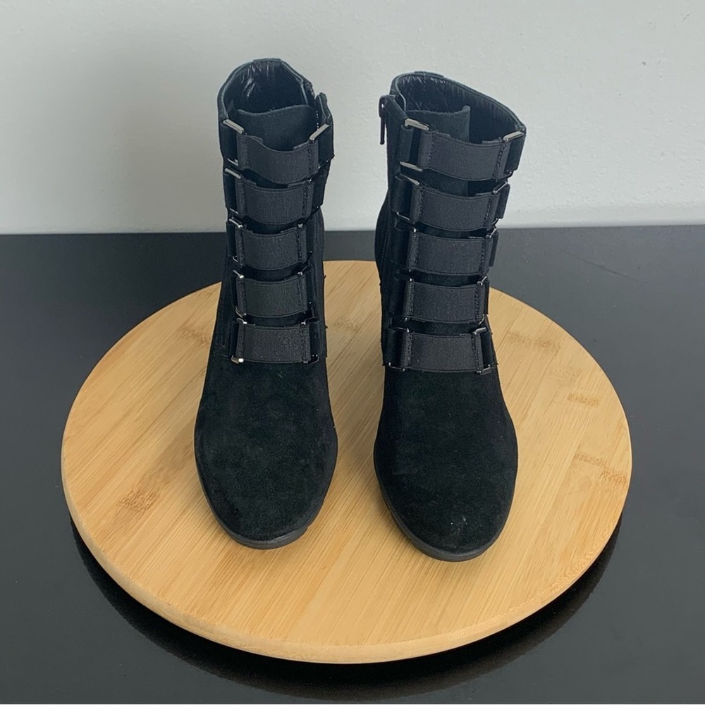 The Flexx - Strap Tease Waterproof Suede Block Heel Booties in Black Size US 6
